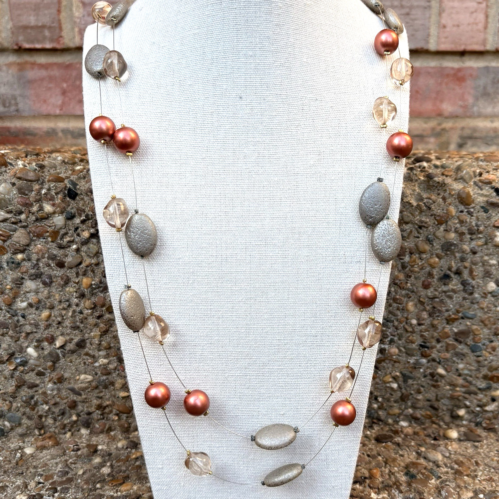 Vintage Joan Rivers Illusion Floating Necklace Pink Faux Pearl Silver Stones 36"